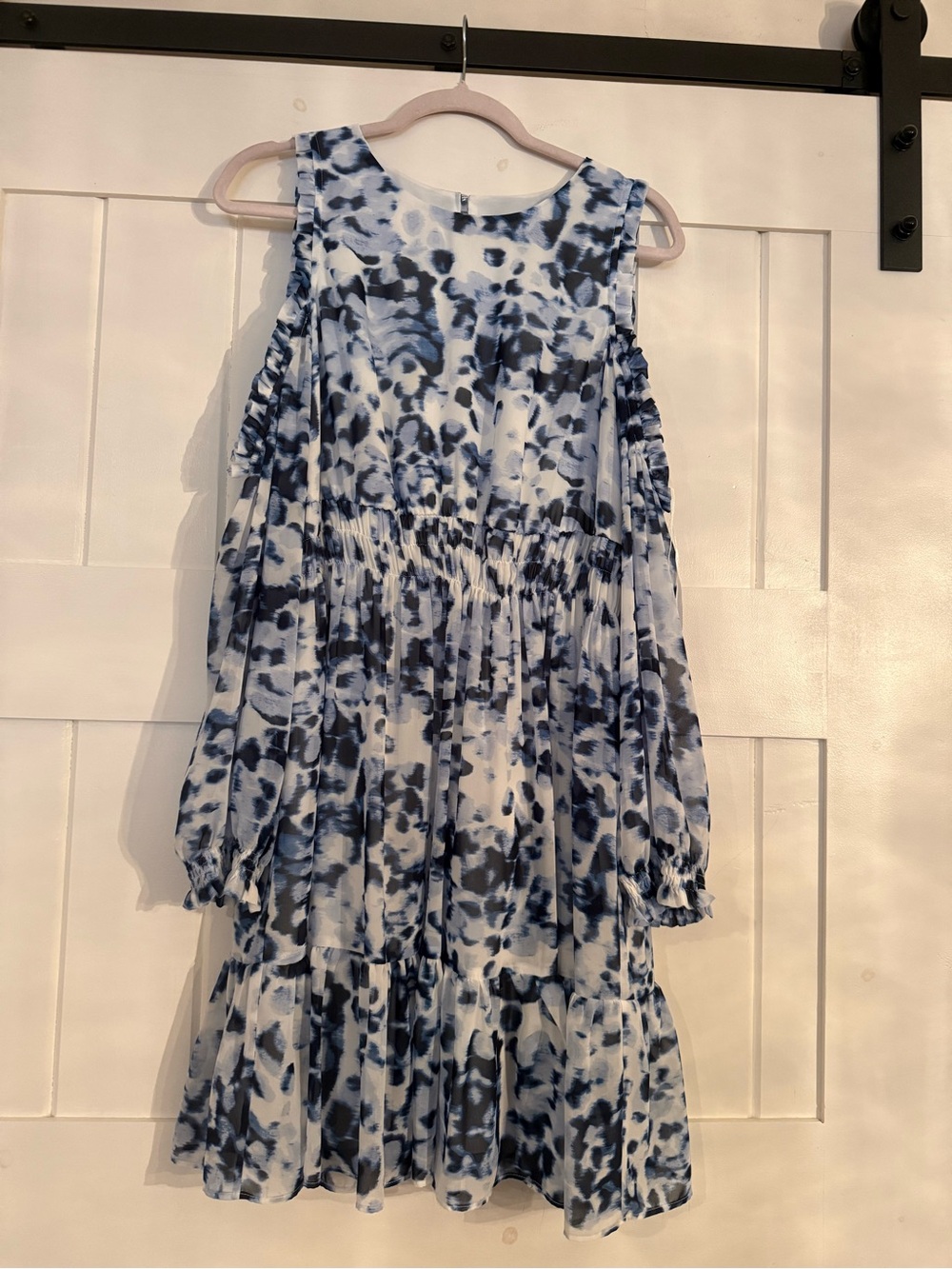 Eliza J Navy and White Printed Cold-Shoulder Tiered Dress